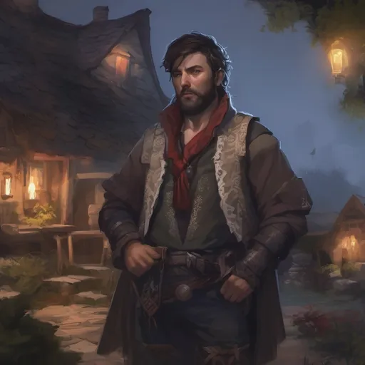 Prompt: (Full body) male manly stocky noble magical bard with dark short-cut hair and beard, outside of a small village at night, pathfinder, d&d setting, in a realistic digital art style