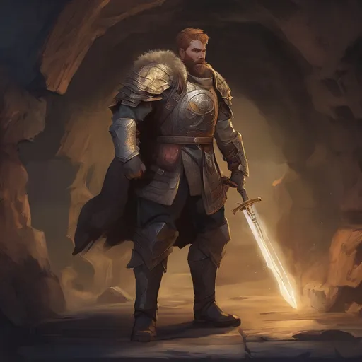 Prompt: (Full body) male stocky paladin with light brown short-cut hair and beard, in a dark underground, pathfinder, d&d setting, in a realistic digital art style