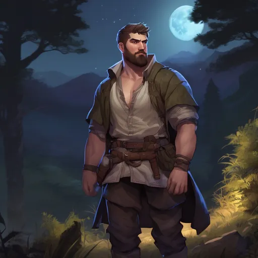 Prompt: (Full body) male stocky big-chested fighter with short hair and beard, open shirt, in nature at night, pathfinder, d&d setting, in a realistic digital art style