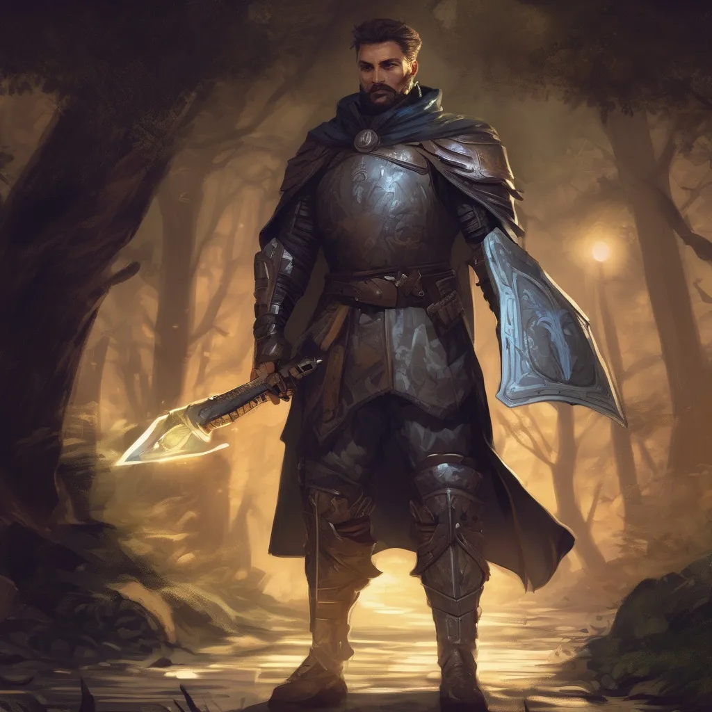 Prompt: (Full body) male muscular crusader with short hair and beard, in nature at night, pathfinder, d&d setting, in a realistic digital art style