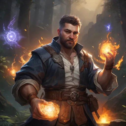 Prompt: Male stocky large fat cleric with short-cut hair and beard, open shirt hairy chest, in combat casting a magic-ray out of hands in nature at night, pathfinder, d&d setting, in a realistic high quality digital art style, enhanced shadow quality, colorful