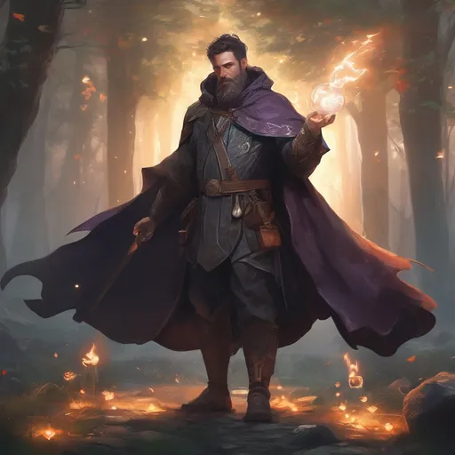 Prompt: (Full body) male stocky large magical young sorcerer with short-cut salt and pepper hair and beard, casting a magical spell, in nature in the dark, cloak, pathfinder, d&d setting, in a realistic digital art style