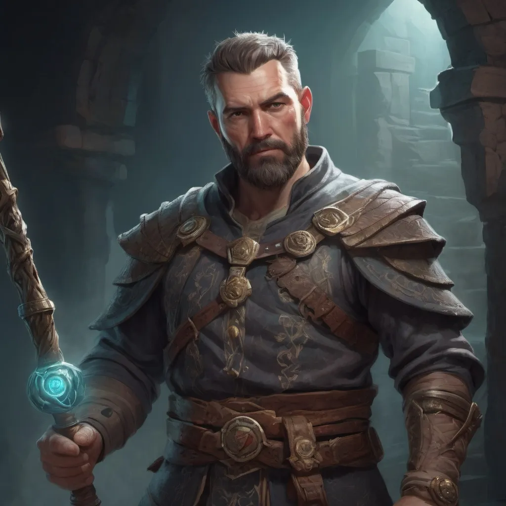Prompt: (torso) Male stocky large mature sage with short-cut hair and beard, holding a magic staff inside a dungeon, pathfinder, d&d setting, in a realistic high quality digital art style, enhanced shadow quality