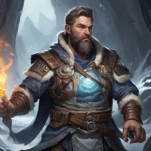 Prompt: (Torso) Male stocky large fit 35-year old arctic druid with short-cut hair and beard, engaged in combat casting a light-spell inside of a magic cave, in movement, pathfinder, d&d setting, realistic, enhanced shadow quality, colorful