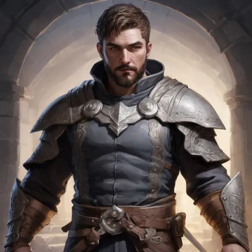 Prompt: (torso) Male stocky large handsome battle-mage with short-cut hair and beard, casting a white-spell inside a dungeon, pathfinder, d&d setting, in a realistic high quality digital art style, enhanced shadow quality