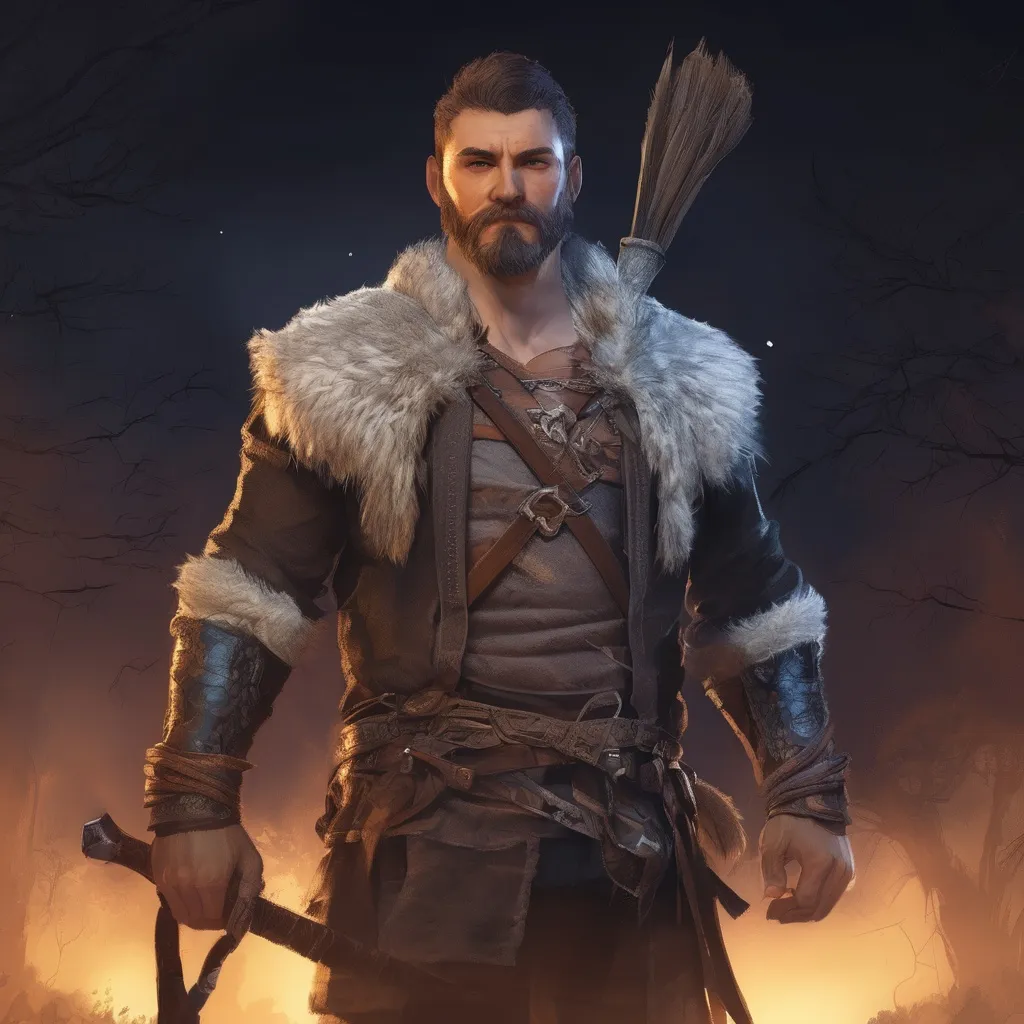 Prompt: (Full body) male stocky martial fighter with hairy chest and short hair and beard, in nature at night, pathfinder, d&d setting, in a realistic digital art style