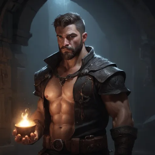 Prompt: Male stocky large muscular arcanist with short-cut hair and beard, exploring a dark trasure room, pathfinder, d&d setting, realistic, enhanced shadow quality