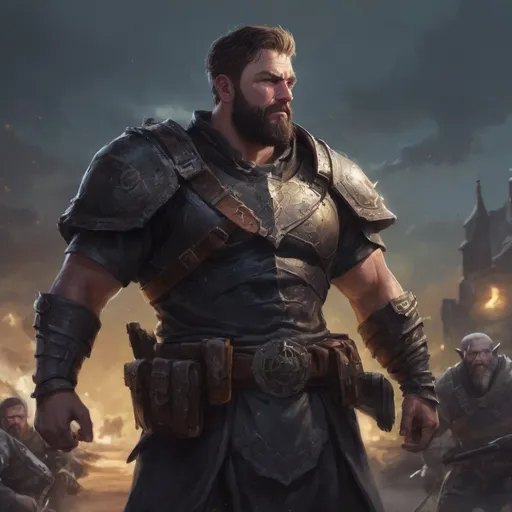 Prompt: male stocky large fat transmuter with short hair and beard, big belly broad shoulders, in a battle field at night, pathfinder, d&d setting, in a realistic high quality digital art style