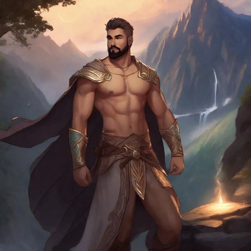 Prompt: (Full body picture) An elemental druid with short-cut hair with bare hairy chest and short beard, no shirt, magic around, cloak, manly, fantasy setting, dungeons and dragons, next to a mountain at night, in realistic digital art style