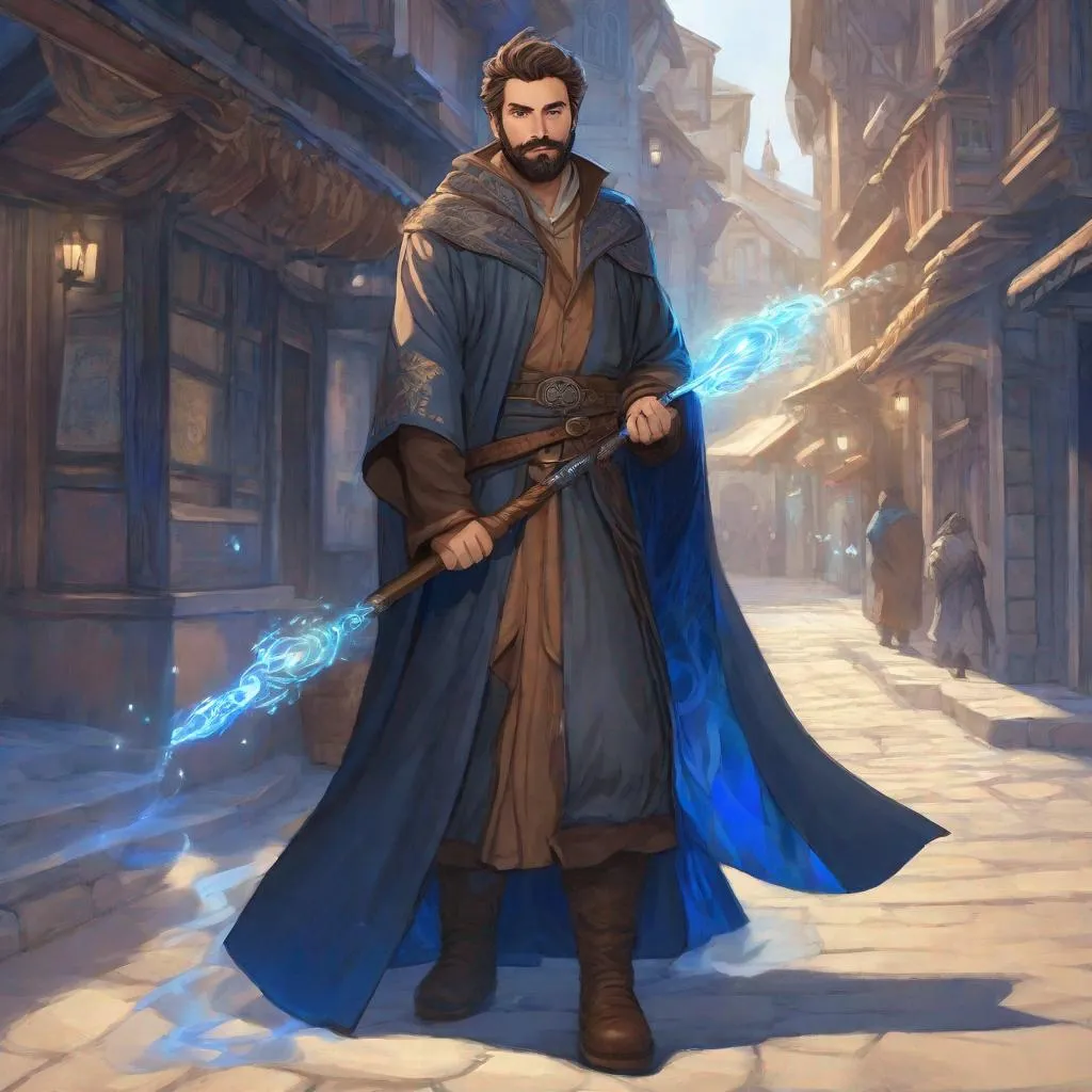 Prompt: (Full-body) a handsome large hairy male mage with short hair and short beard, staff emitting weak magic blue light in one hand, light swirl in other hand, wearing dark-blue robe with details, visible chest hair, brown cloak, boots, street in a town, in a shaded painted style