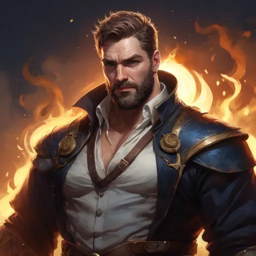 Prompt: male stocky heavy-set fat british royal transmuter with short-cut hair and beard,  open shirt hairy chest, casting swirly bright spell, in nature at night, pathfinder, d&d setting, in a realistic high quality digital art style, enhanced shadow quality