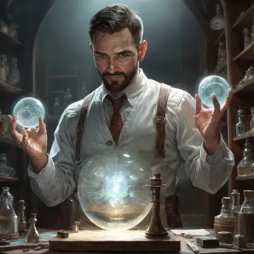 Prompt: (torso) Male stocky large fit 37-year old frost-alchemist with short-cut hair and beard, casting a magic-ray out of hands in a lab, pathfinder, d&d setting, in a realistic high quality digital art style, enhanced shadow quality, colorful ((norman rockwell))