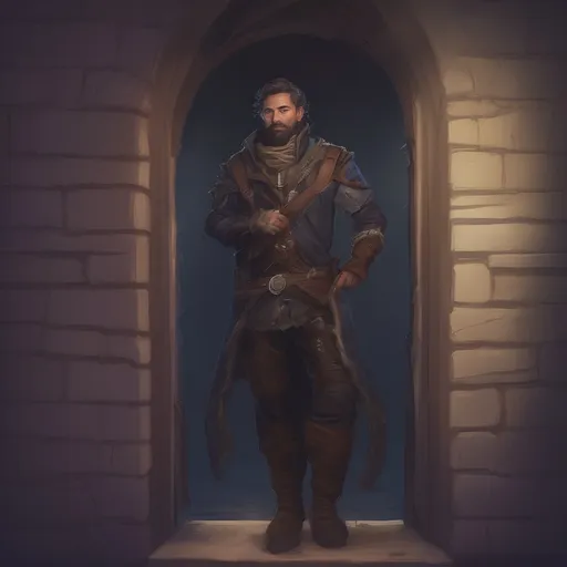 Prompt: (Full body) male stocky rogue with short hair and beard, sneaking into a castle window at night, pathfinder, d&d setting, in a realistic digital art style