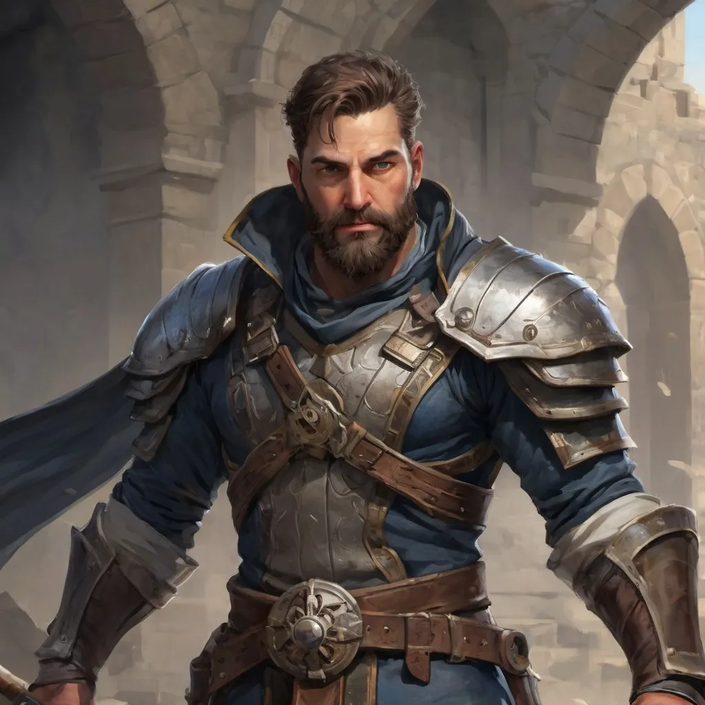 Prompt: Male heavy-set 42-year old muscular noble large sorcerer with short-cut hair and beard, in a windy castleground, pathfinder, d&d setting, enhanced shadow quality