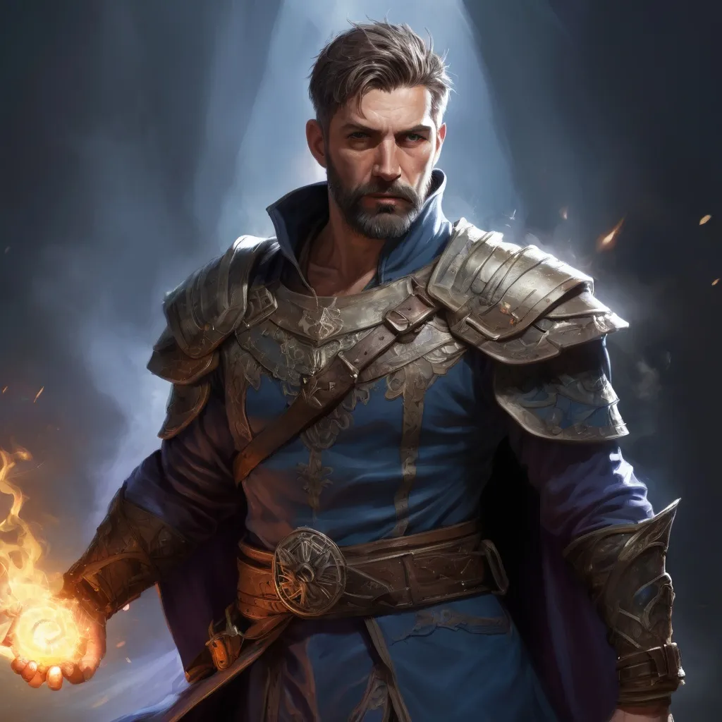 Prompt: (torso) Male stocky large mature fit battle-mage with short-cut hair and beard, engaged in combat casting a light-spell in movement, pathfinder, d&d setting, realistic, enhanced shadow quality