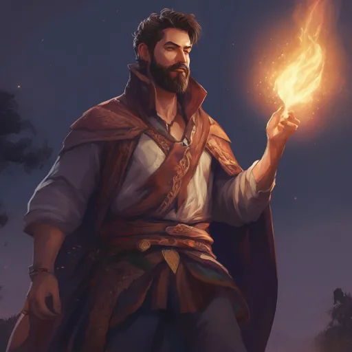 Prompt: (Full body) male stocky big-chested young wizard with striped short hair and beard, hairy chest, casting swirly bright spell, in nature at night, pathfinder, d&d setting, in a realistic high quality digital art style