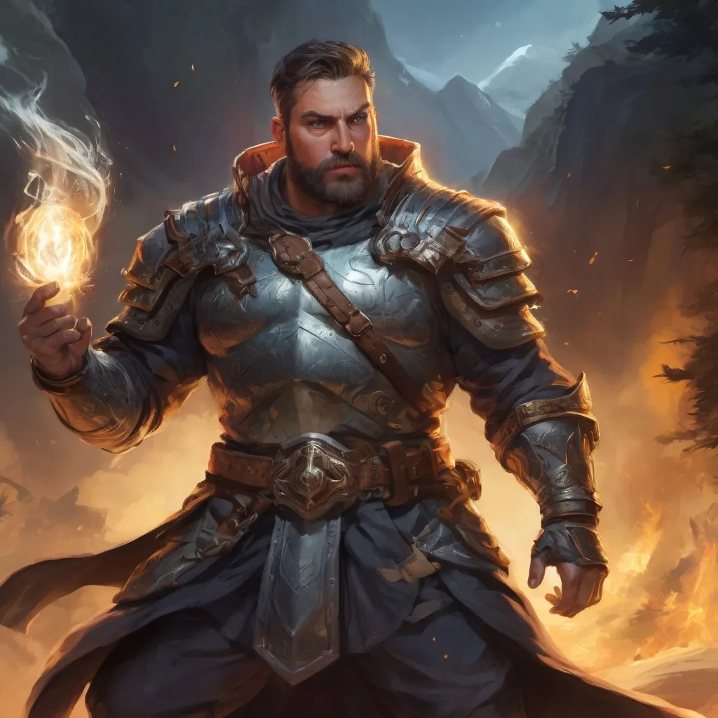 Prompt: Male stocky large fat paladin with short-cut hair and beard, open shirt hairy chest, in combat casting a magic-ray out of hands in nature at night, pathfinder, d&d setting, in a realistic high quality digital art style, enhanced shadow quality, colorful