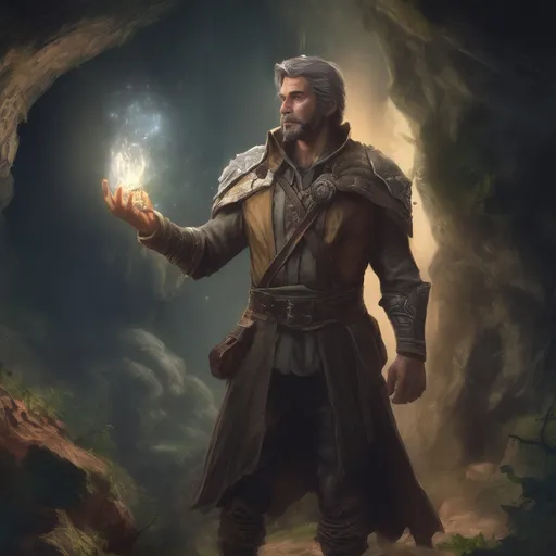 Prompt: (Full body) male handsome large magical warlock with short hair and beard, outside of a cave by a forest at night, pathfinder, d&d setting, in a realistic high quality digital art style