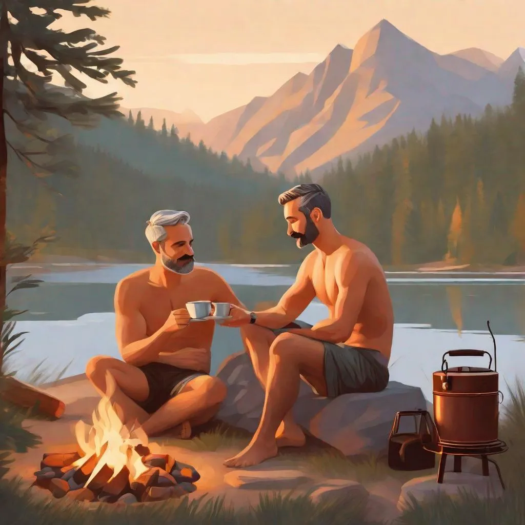 Prompt: Two young dads with short grey hair mustaches and stubble camping by a lake, holding each other, coffee pot on a campfire, early morning, no shirt on, in a painted style realistic