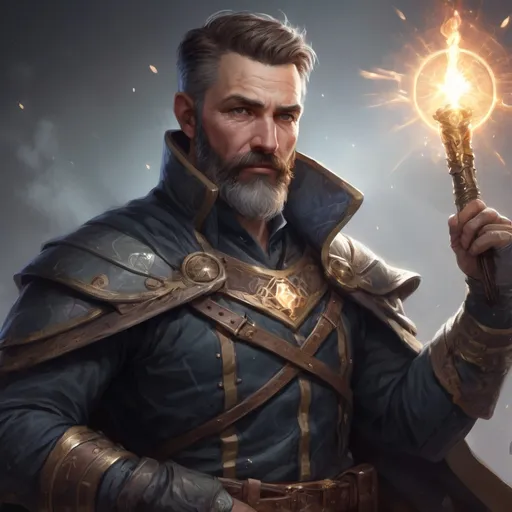 Prompt: Male stocky mature maguswith short-cut hair and beard, in combat casting magic, inside of an astral magical dimention, pathfinder, d&d setting, in a realistic high quality digital art style, enhanced shadow quality