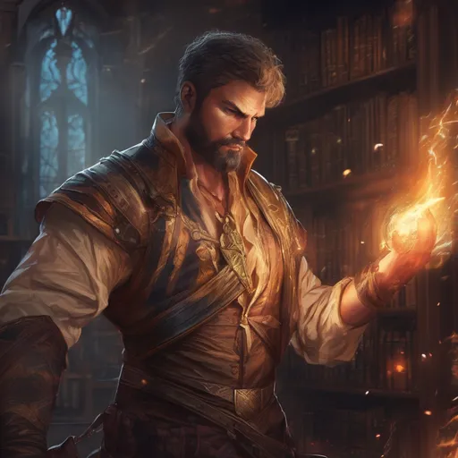 Prompt: (Full body) male stocky muscular big-chested young warlock with striped short hair and beard, hairy chest, casting swirly bright spell, in a dark library, pathfinder, d&d setting, in a realistic high quality digital art style