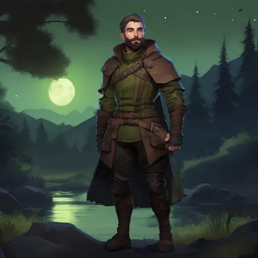 Prompt: (Full body) male rogue with short hair and beard, in nature at night, pathfinder, d&d setting, in a realistic digital art style