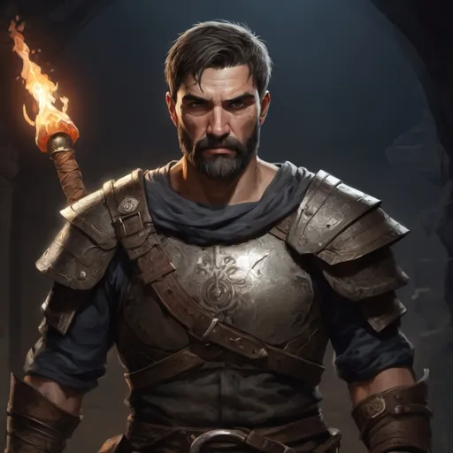 Prompt: Male stocky large mature greek fighter with short-cut hair and beard, exploring a dark dungeon, pathfinder, d&d setting, in a realistic high quality digital art style, enhanced shadow quality, colorful