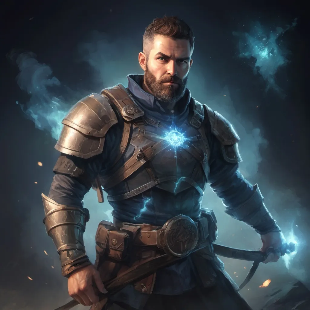 Prompt: (torso) Male stocky mature light-ranger with short-cut hair and beard, on a battlefield at night, in combat, holding a magic weapon, bright aura, pathfinder, d&d setting, in a realistic high quality digital art style, enhanced shadow quality