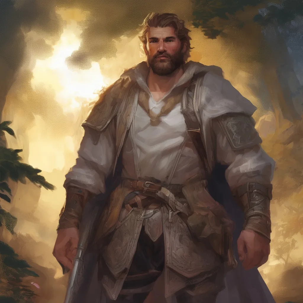 Prompt: (Full body) male stocky big-chested hairy-chested paladin with short hair and beard, open shirt, in nature at night, pathfinder, d&d setting, in a realistic digital art style