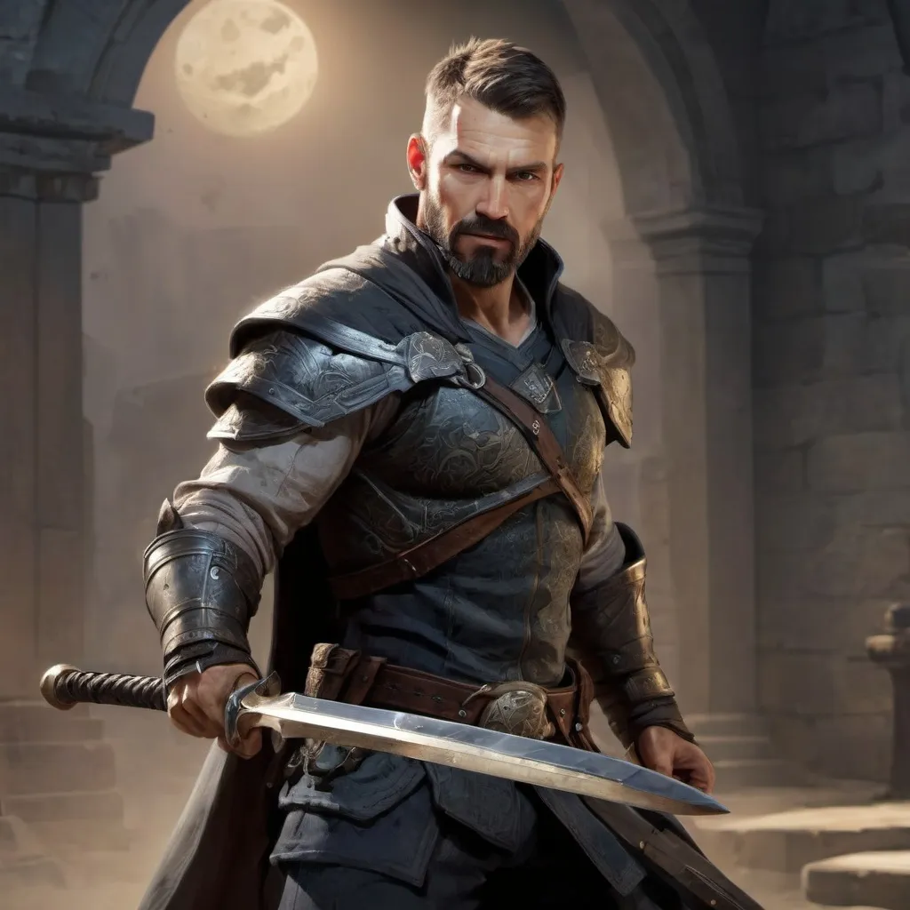 Prompt: (torso) Male heavy-set 38-year old fit fighter with short-cut hair and beard, swinging a magical weapon in combat, in movement, in arena in a castle at night, pathfinder, d&d setting, enhanced shadow quality