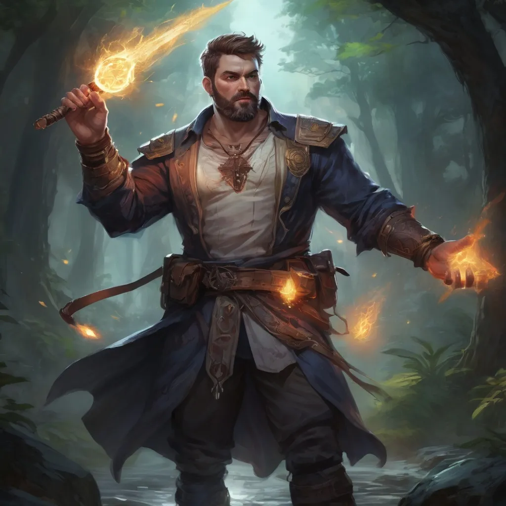 Prompt: Male stocky large fat templar with short-cut hair and beard, open shirt hairy chest, in combat casting a magic-ray out of hands in nature at night, pathfinder, d&d setting, in a realistic high quality digital art style, enhanced shadow quality, colorful