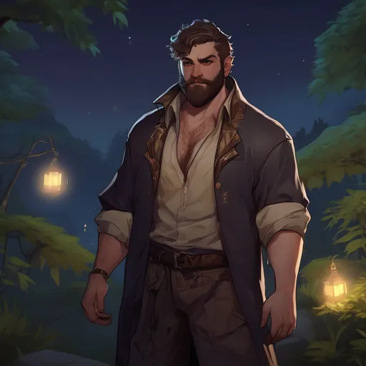 Prompt: (Full body) male stocky big-chested hairy-chested warlock with short hair and beard, open shirt, in nature at night, pathfinder, d&d setting, in a realistic digital art style