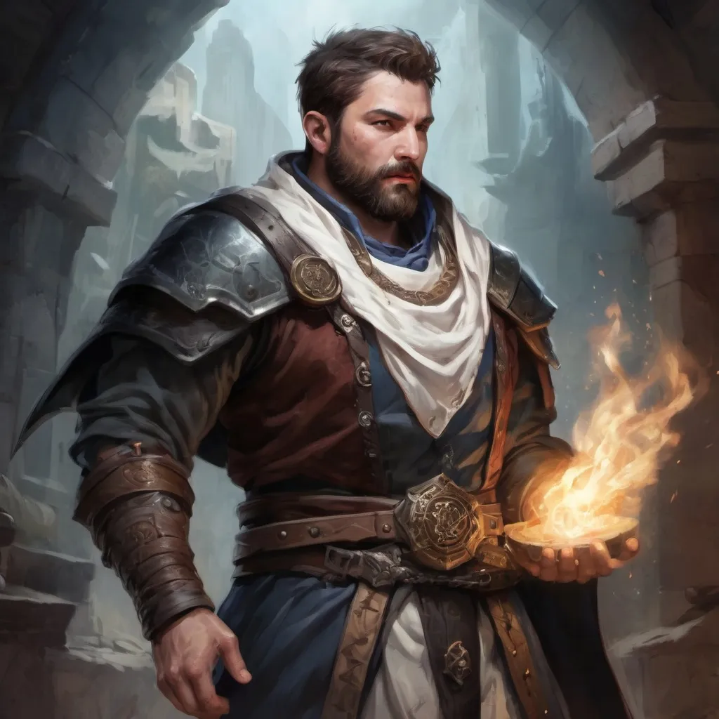 Prompt: (torso) Male stocky large handsome battle-mage with short-cut hair and beard, casting a white-spell inside a dungeon, pathfinder, d&d setting, in a realistic high quality digital art style, enhanced shadow quality