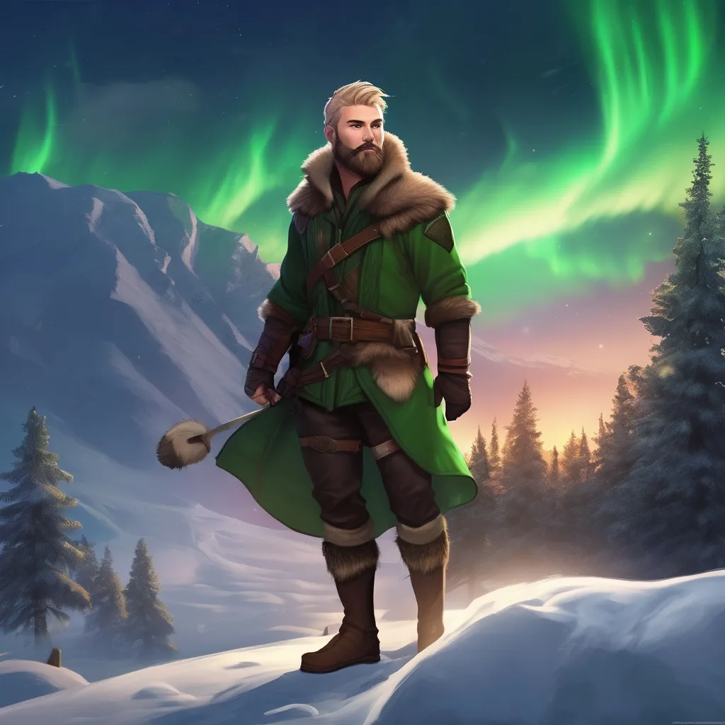 Prompt: (Full body) male magical stocky norwegian rogue with short hair and beard, in nature with northern lights, pathfinder, d&d setting, in a realistic digital art style