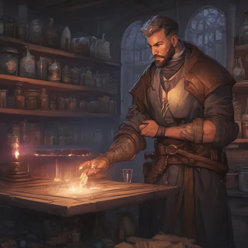 Prompt: (Full body) male handsome muscular alchemist with short hair and beard, in a labratory at night, pathfinder, d&d setting, in a realistic high quality digital art style