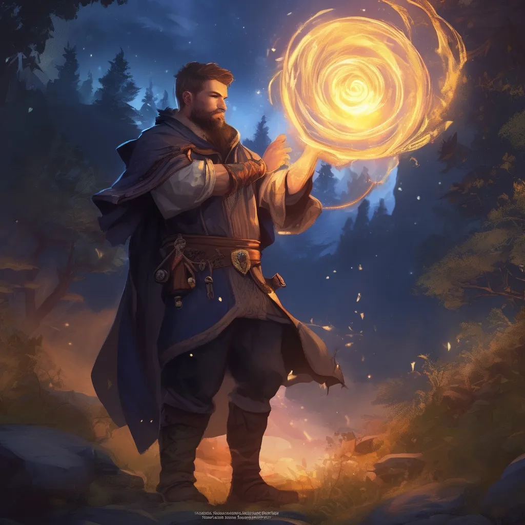 Prompt: (Full body) male stocky summoner with short hair and beard, big arms, in nature at night, casting a big magical swirly spell, pathfinder, d&d setting, in a realistic digital art style