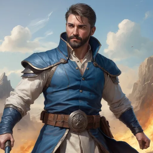 Prompt: Male stocky heavy-set mature illutionist with short-cut hair and beard, on a battlefield, in combat, casting a azure-spell, pathfinder, d&d setting, realistic high quality, enhanced shadow quality