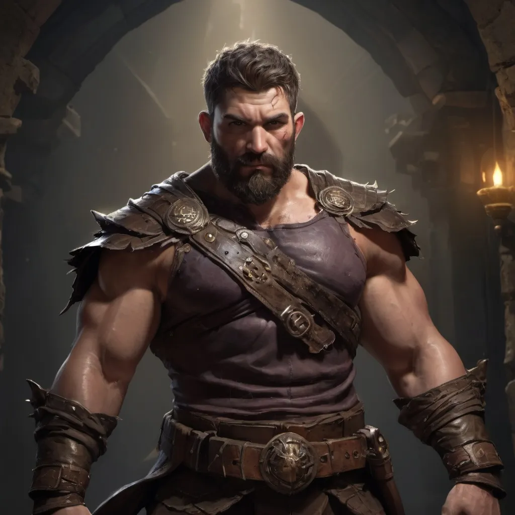 Prompt: male stocky fat muscular 
bandit with short-cut hair and beard, very hairy chest, in a dark treasure room, pathfinder, d&d setting, Realistic, Enhanced shadow and light quality