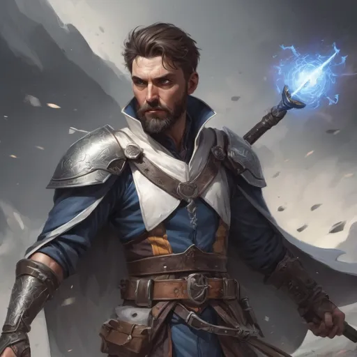 Prompt: Male heavy-set mature illutionist with short-cut hair and beard, on a battlefield, in combat, casting a white-spell, pathfinder, d&d setting, in a realistic high quality digital art style, enhanced shadow quality, colorful