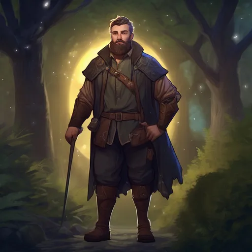 Prompt: (Full body) male magical stocky noble with short hair and beard, in nature at night, pathfinder, d&d setting, in a realistic digital art style