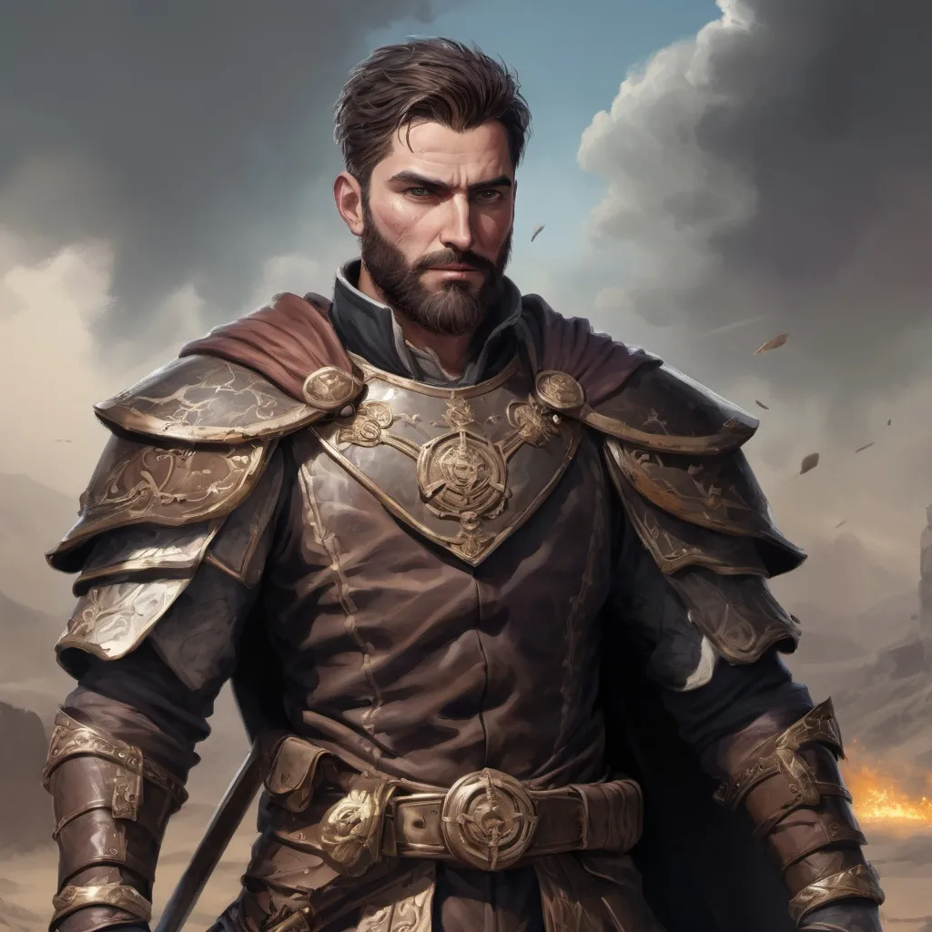 Prompt: Male stocky heavy-set argentinian royal magus with short-cut hair and beard, on a windy battlefield, pathfinder, d&d setting, in a realistic high quality digital art style, enhanced shadow quality