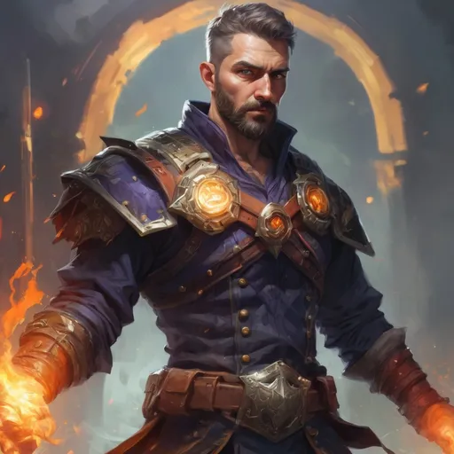 Prompt: Male stocky  mature illutionist with short-cut hair and beard, on a battlefield, in combat, casting a bright-spell, pathfinder, d&d setting, in a realistic high quality digital art style, enhanced shadow quality, colorful