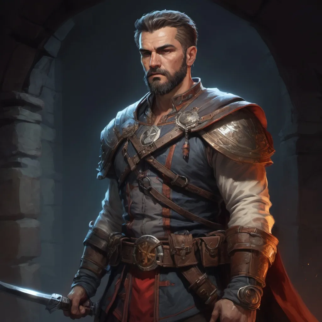 Prompt: Male stocky large mature albanian fighter with short-cut hair and beard, exploring a dark dungeon, pathfinder, d&d setting, in a realistic high quality digital art style, enhanced shadow quality, colorful