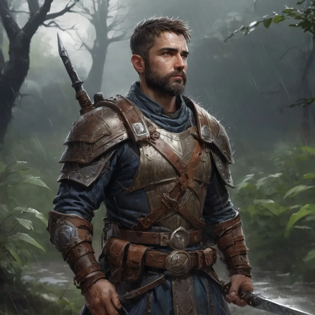 Prompt: Male stocky heavy-set warrior with short-cut hair and beard, in a thicket battlefield in a rainstorm, pathfinder, d&d setting, in a realistic high quality digital art style, enhanced shadow quality, colorful