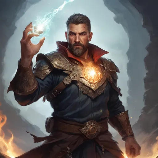 Prompt: (torso) Male stocky large mature fit battle-mage with short-cut hair and beard, engaged in combat casting a light-spell  nature, pathfinder, d&d setting, realistic, enhanced shadow quality
