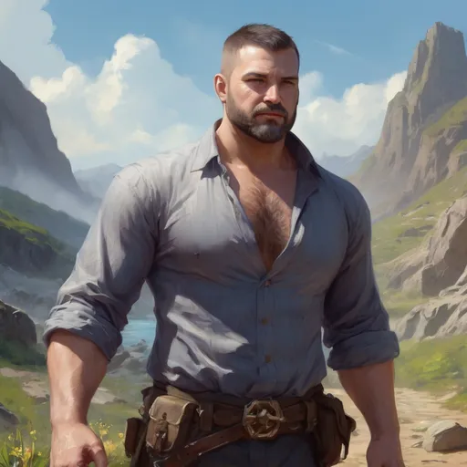 Prompt: (torso) Male stocky large fat beefy 37-year old enchanter with short-cut hair and beard, open shirt hairy chest, in combat casting a magic-ray out of hands in a windy path, pathfinder, d&d setting, in a realistic high quality digital art style, enhanced shadow quality, colorful