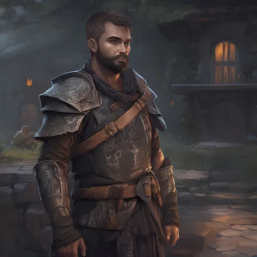 Prompt: (Full body) male handsome armored warrior with short hair and beard, outside of a tavern in the woods at night, pathfinder, d&d setting, in a realistic digital art style