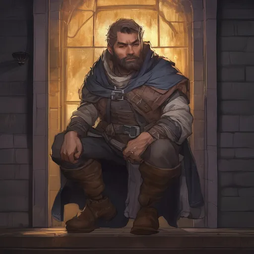 Prompt: (Full body) male stocky rogue with short hair and beard, sneaking into a castle window at night, pathfinder, d&d setting, in a realistic digital art style