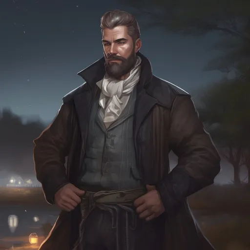 Prompt: (Full body) male handsome noble spy with short salt&pepper hair and beard, in nature at night, d&d setting, in a realistic digital art style