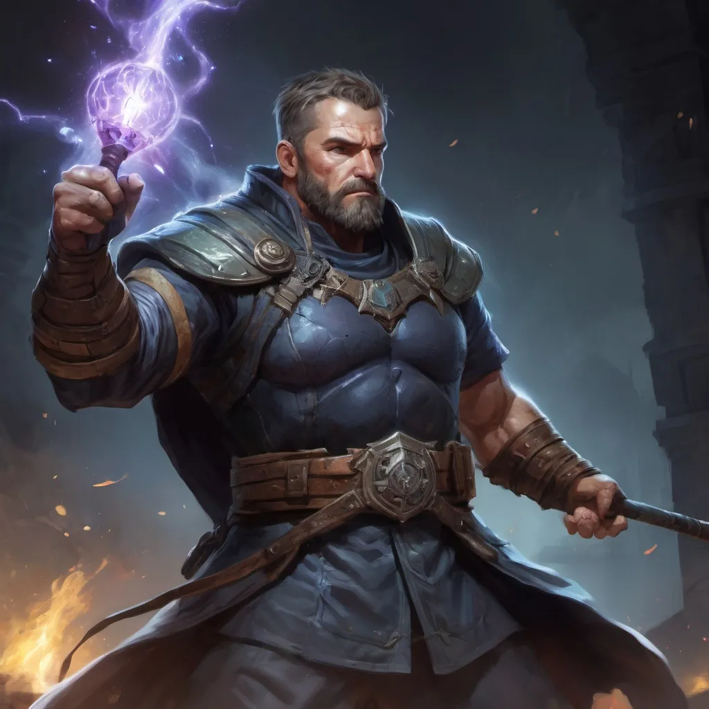 Prompt: (torso) Male stocky large muscluar 38-year old battle-mage with short hair and beard, engaged in combat casting an magical arcane-spell, villiage under siege at night, in movement, pathfinder, d&d setting, realistic, enhanced shadow quality, colorful